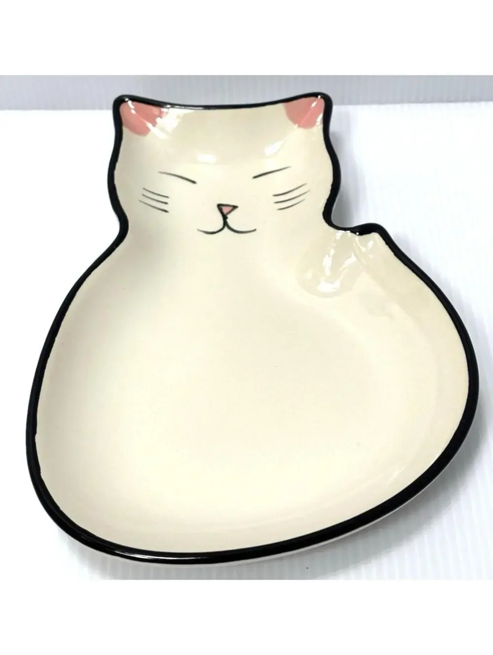 Ceramic Cat Spoon Rest /Trinket Dish Hand Painted White Kitty Jewelry Tray -New